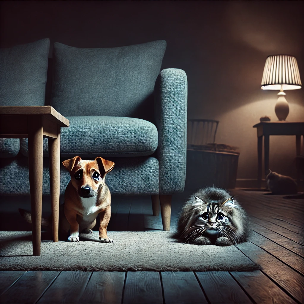 DALL·E 2024 12 08 14.01.41 A scared dog and a frightened cat in a dimly lit living room both hiding behind furniture. The dog is small with wide eyes and its tail tucked betwe – 1