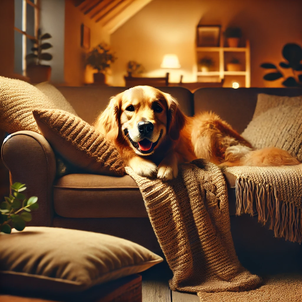 DALL·E 2024 12 08 14.18.37 A serene and comforting scene of a dog resting on its own cozy sofa in a warm peaceful living room. The dog is a golden retriever with soft shiny f 1 – 2