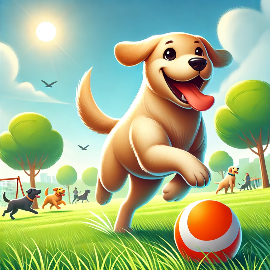DALL·E 2024 12 08 15.25.12 A joyful scene of a dog playing outside in a park. The dog a medium sized Labrador is running energetically chasing a bright orange ball. The backg – 8